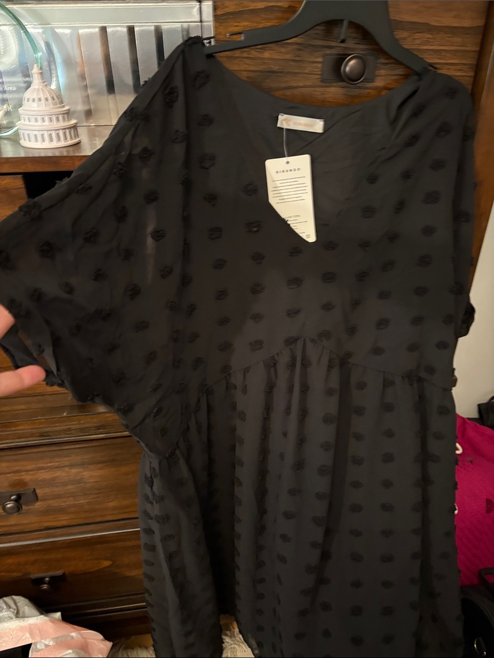 Black Dot-Textured V-Neck Women's Top
